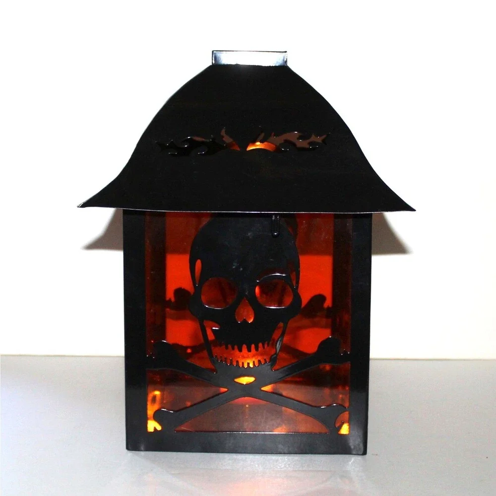 Large Lantern Skull and Bones black metal orange halloween goth decor 10